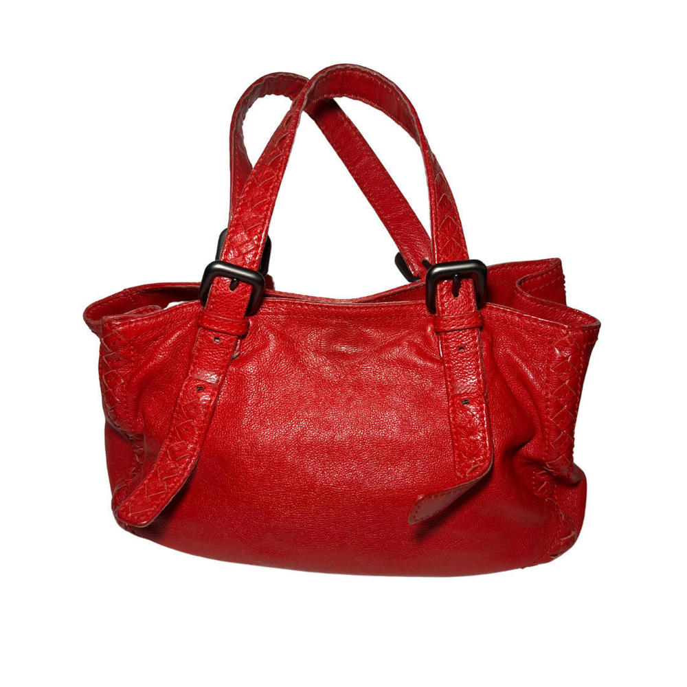 Bottega Veneta Shopper Tote Bag Red Leather Intrecciato Trim w/Adjustable Straps